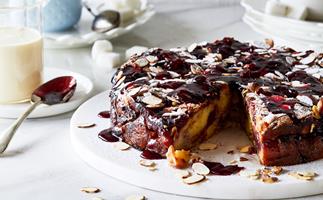 Black Doris plum and almond croissant pudding cake