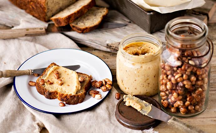 Banana bread with sweet nut butter and toasted peanuts