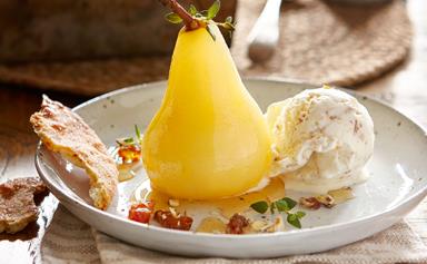 Toasted bread and honey nut ice cream with poached pears