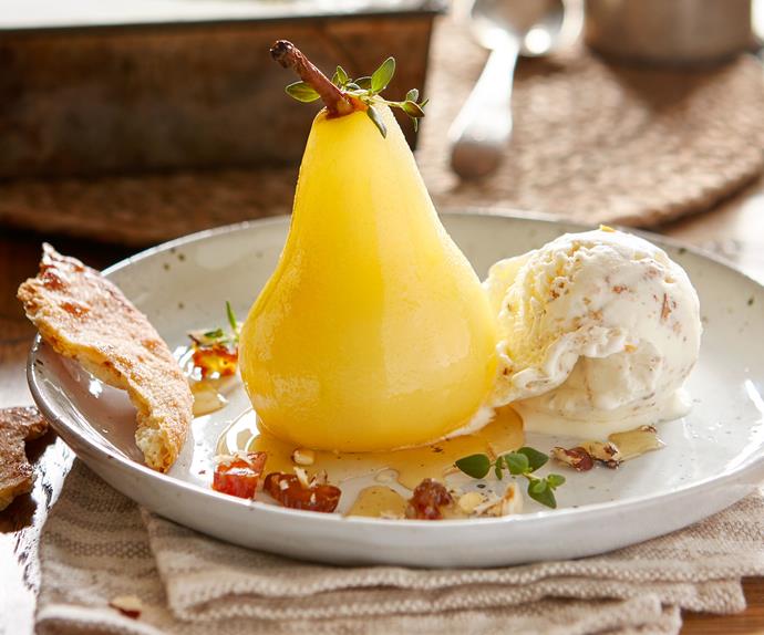 Toasted bread and honey nut ice cream with poached pears