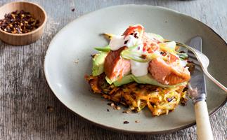 Hash browns with salmon and avocado