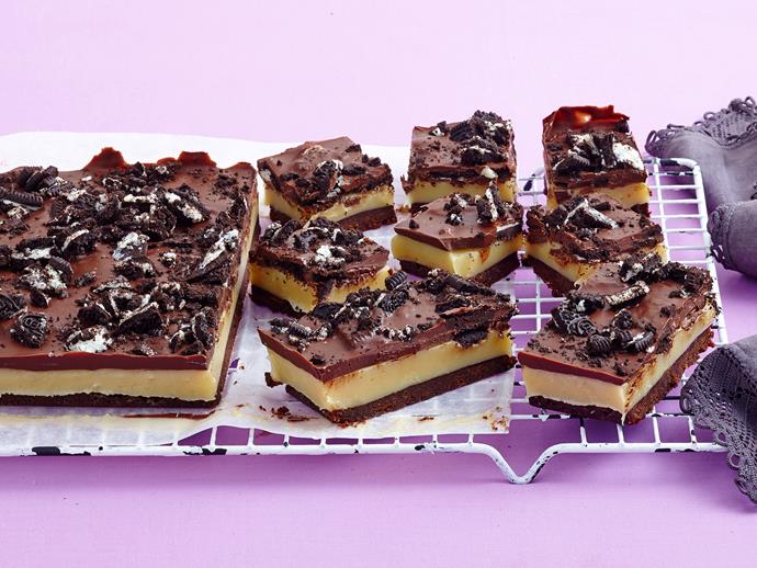 **[Choc-caramel oreo slice](https://www.womensweeklyfood.com.au/recipes/choc-caramel-oreo-slice-2485|target="_blank")**

Oreo-lovers will adore this decadent slice! With a crumbly biscuit base, a rich, oozy caramel and a sweet choc-oreo topping, your sweet tooth will thank you for this one!