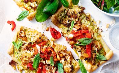 Cauliflower and courgette tart with smoked cheddar
