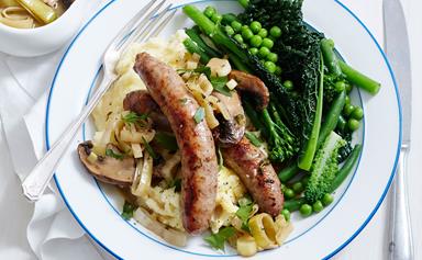 Bangers and mash with leek and mushrooms