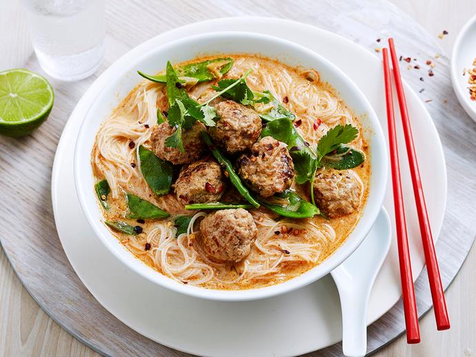 **[Pork meatball laksa](https://www.womensweeklyfood.com.au/recipes/pork-meatball-laksa-2540|target="_blank")**

Easy pork meatballs are a welcome addition to this fragrant coconut soup, while rice noodles and snow peas add bulk and nutrition. It's a modern Asian dish at its tastiest.