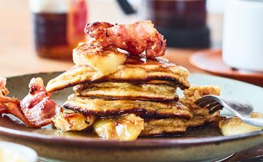 Magical gluten-free banana pancakes with crispy bacon