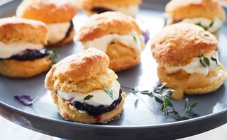 Thyme and fennel scones with blackberry jam and lemon curd