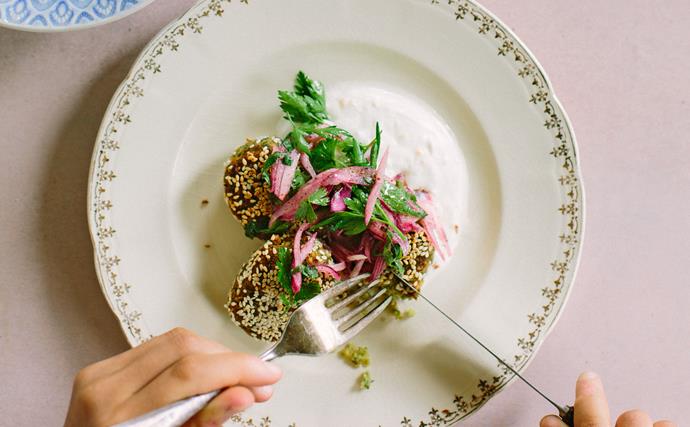 Broad bean falafel with preserved lemon yoghurt and red onion sumac salad