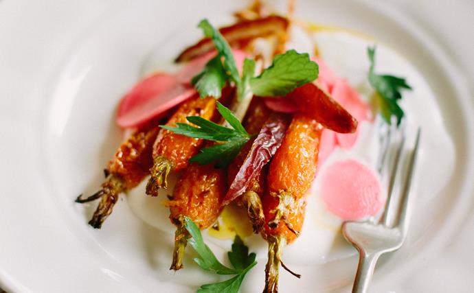 Honey and orange roasted carrots with whipped feta and pickled radish