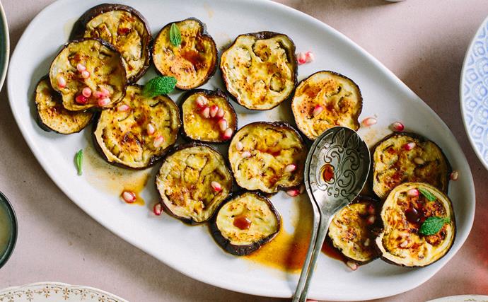 Roasted eggplant slices with pomegranate dressing