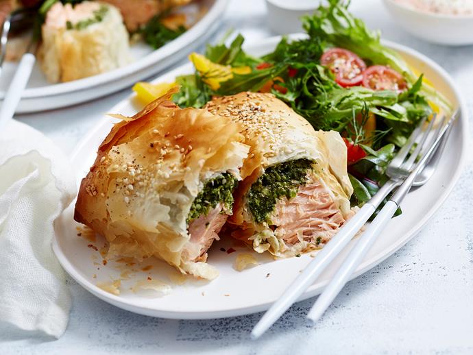 These [little filo pastry parcels](https://www.womensweeklyfood.com.au/recipes/spinach-feta-and-salmon-parcels-2729|target="_blank") are packed full of flavour. With flaky salmon fillets and our spinach and feta mix, it's the perfect dinner idea to satisfy your tastebuds and meet your nutritional needs.