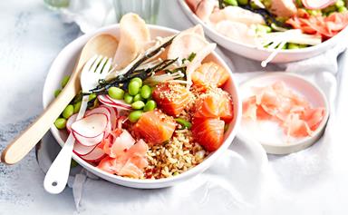 Salmon poke bowl with hot and sour dressing