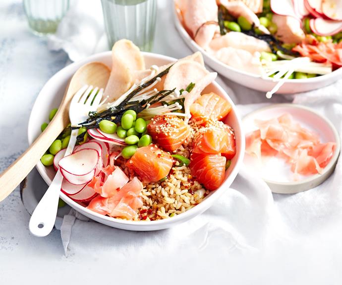 Salmon poke bowl with hot and sour dressing
