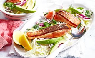 Crispy skin salmon with cabbage salad and gherkin dressing