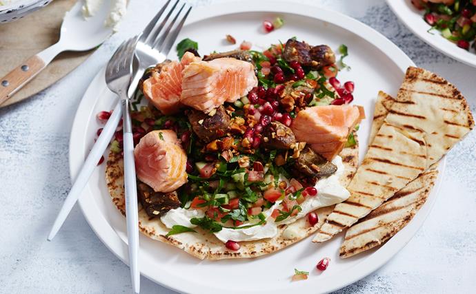 Seared salmon with almond salad and homemade labne