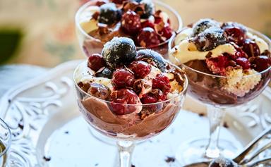 Cherry trifle with chocolate custard and raspberries