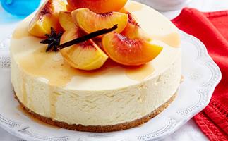 Cheesecake with poached peaches