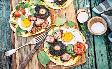 Bushman's bread breakfast pizza with eggs and sausages