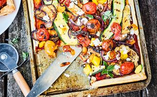 Barbecued summer vegetable tart with chutney and feta
