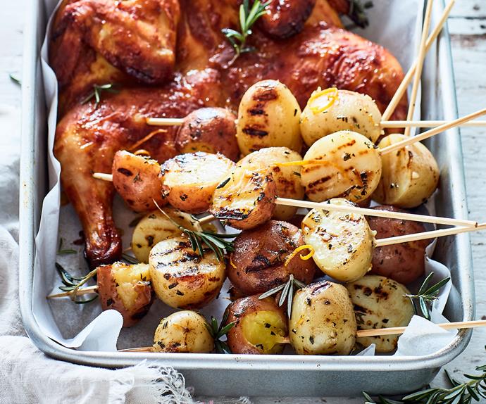 Barbecued new potato skewers with rosemary and maple