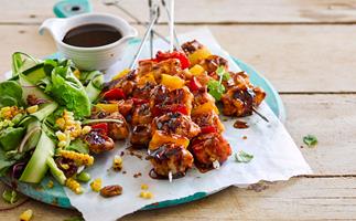 Sticky maple bacon and chicken skewers with cherry pecan salad