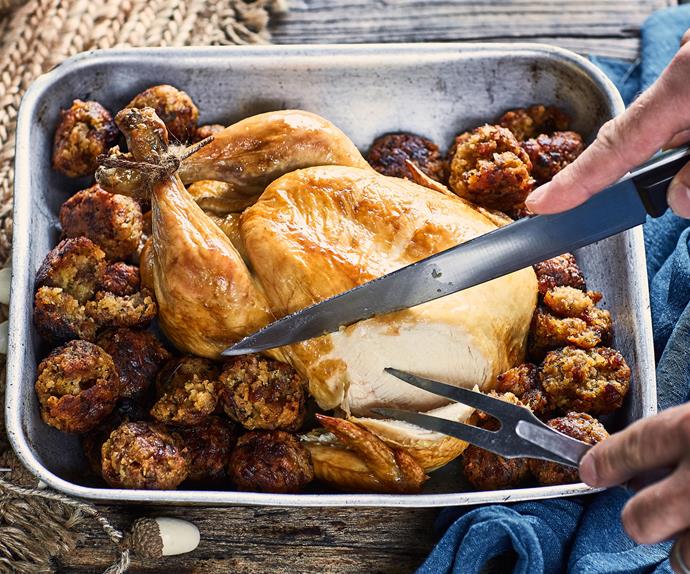 Bacon, apricot and sage stuffing balls with roast chicken