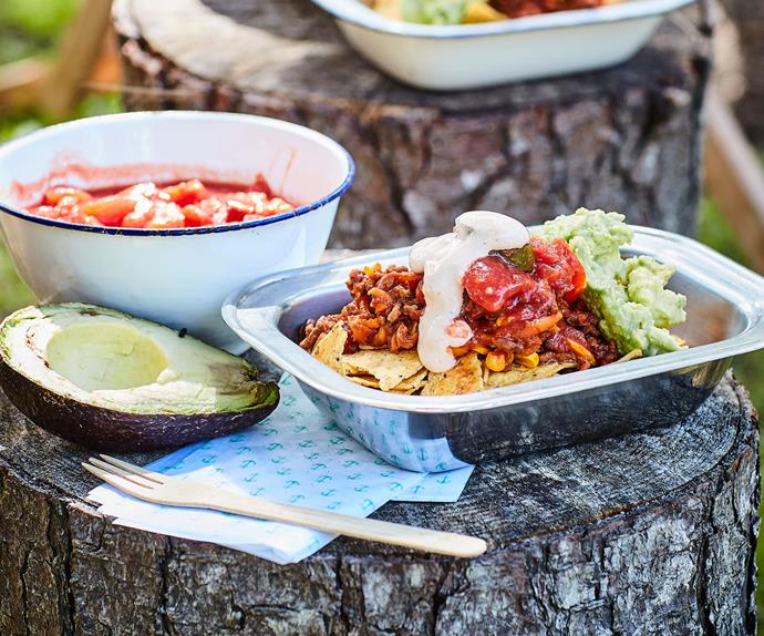 Make-ahead beef nachos with guacamole and chipotle sour cream