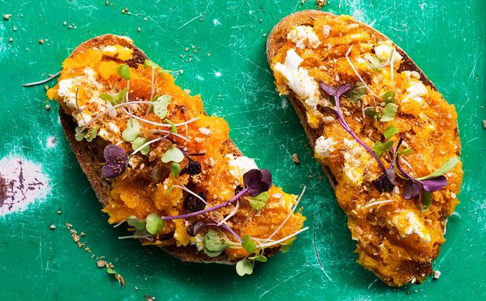 Roast pumpkin and goat’s cheese smash with sunflower-seed dukkah