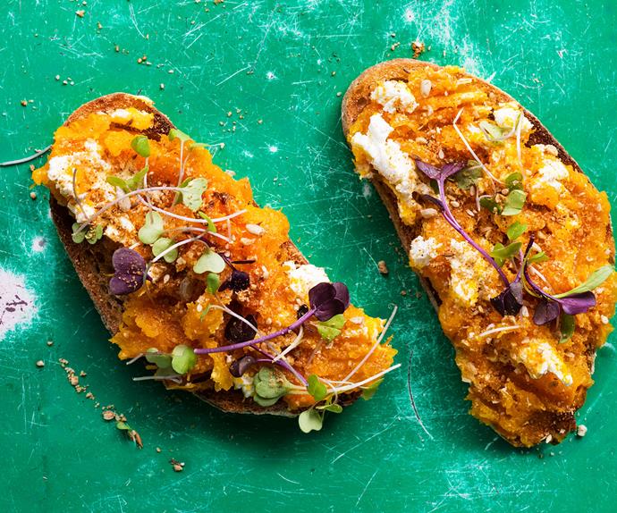 Roast pumpkin and goat’s cheese smash with sunflower-seed dukkah