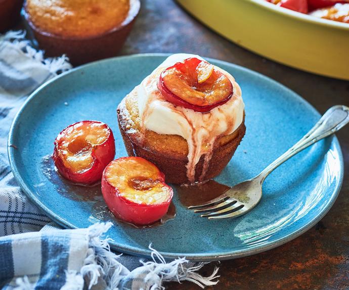 Little cardamom cakes with honey baked plums