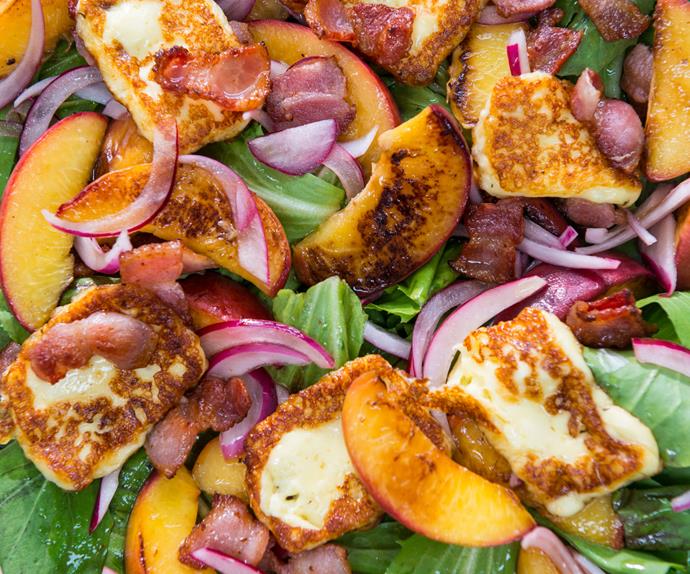 Juicy grilled peach, bacon and haloumi salad