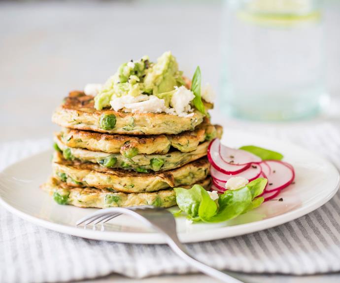 Avocado, courgette and pea fritters with feta and mint