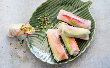 Avocado and quinoa rice paper rolls with herb and chilli mix