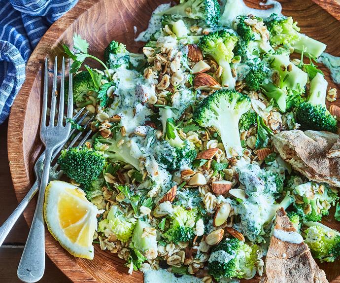 Broccoli, oats and almond salad with creamy charred lemon dressing