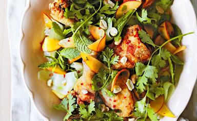 Crisp-skinned Vietnamese chicken and peach herb salad