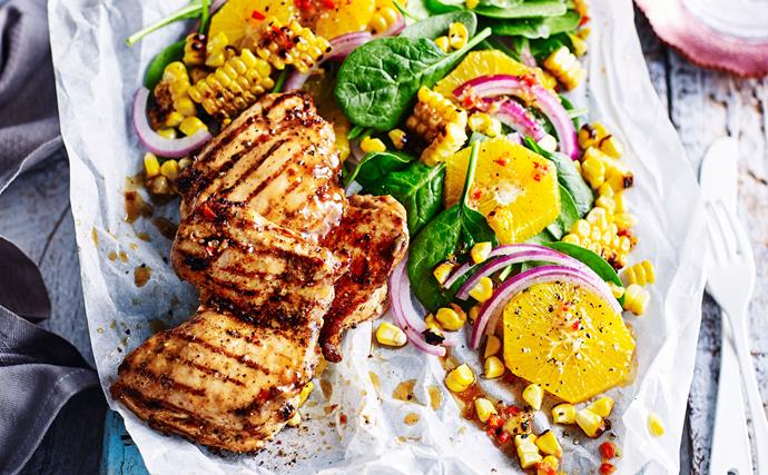 Portuguese-style barbecue chicken thighs with corn salad