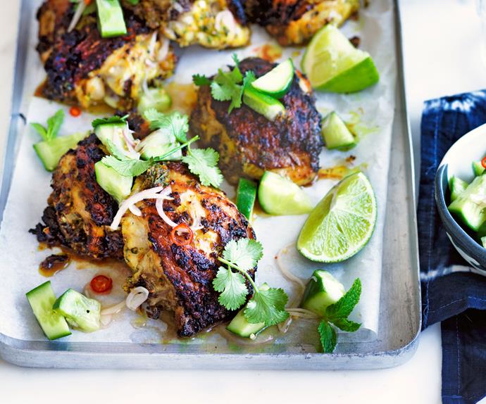 Barbecue turmeric chicken thighs with cucumber salad