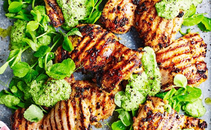 Barbecued chermoula chicken thighs with pea purée