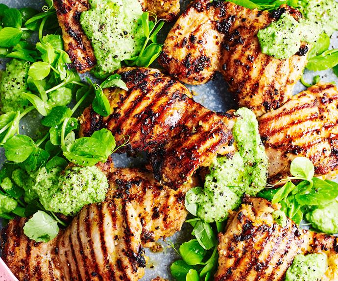 Barbecued chermoula chicken thighs with pea purée