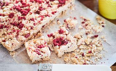 Raspberry and white chocolate rice bubble crackle slice