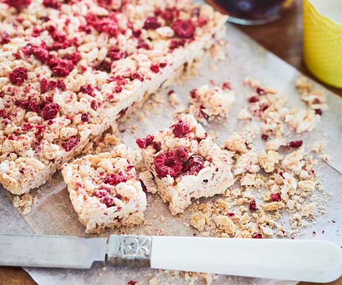 Raspberry and white chocolate rice bubble crackle slice