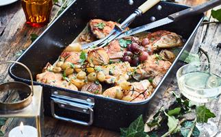 Wine-braised chicken, grapes, capers, lemon and parsley