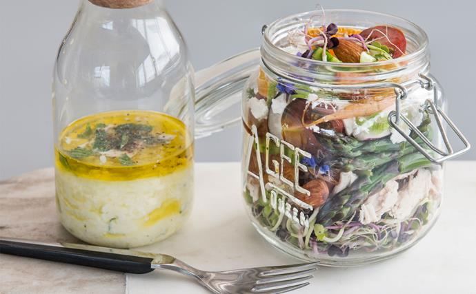 Spring salad in a jar with yoghurt mint dressing