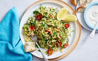 Zoodles (zucchini noodles) with garlic, chilli and seafood