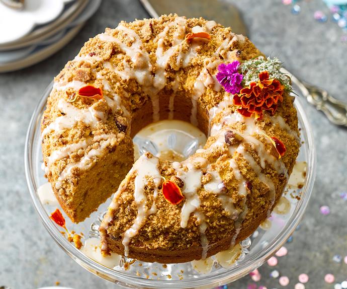 Spiced pumpkin streusel cake with maple drizzle