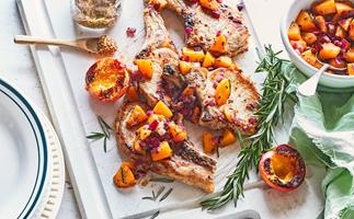 Pork chops with peach and rosemary sauce