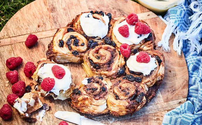 Quick sticky buns with cream cheese icing and berries