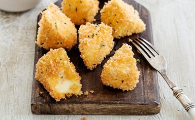 Golden fried brie cheese with quick peach chutney