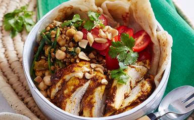 Chicken madras poke bowl with lentils, chickpeas and spinach