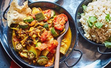 Indian-style spiced ratatouille with rice and pappadums